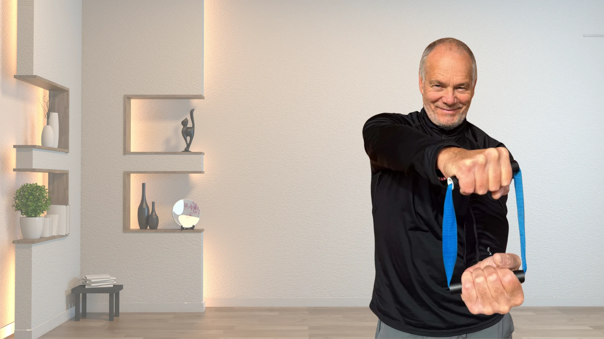 Man demonstrating ShoulderBack Pro with both hands gripping the handles connected by a blue strap